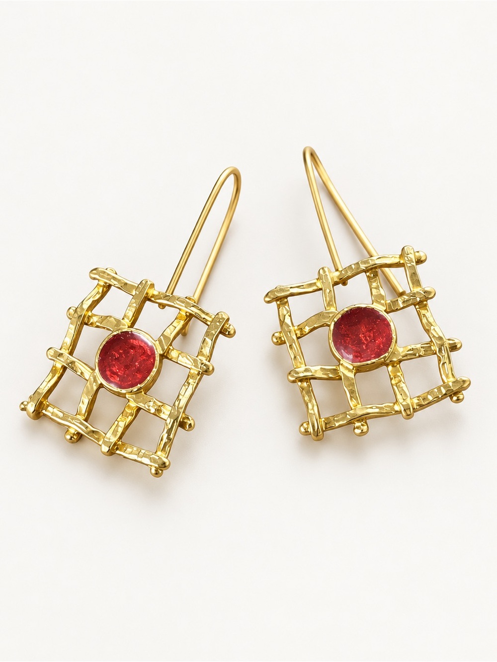 Boutique Designer Gold-Tone Grid Red Stone Drop Earrings